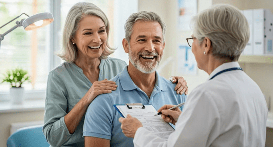 Senior couple smiling during doctor's appointment