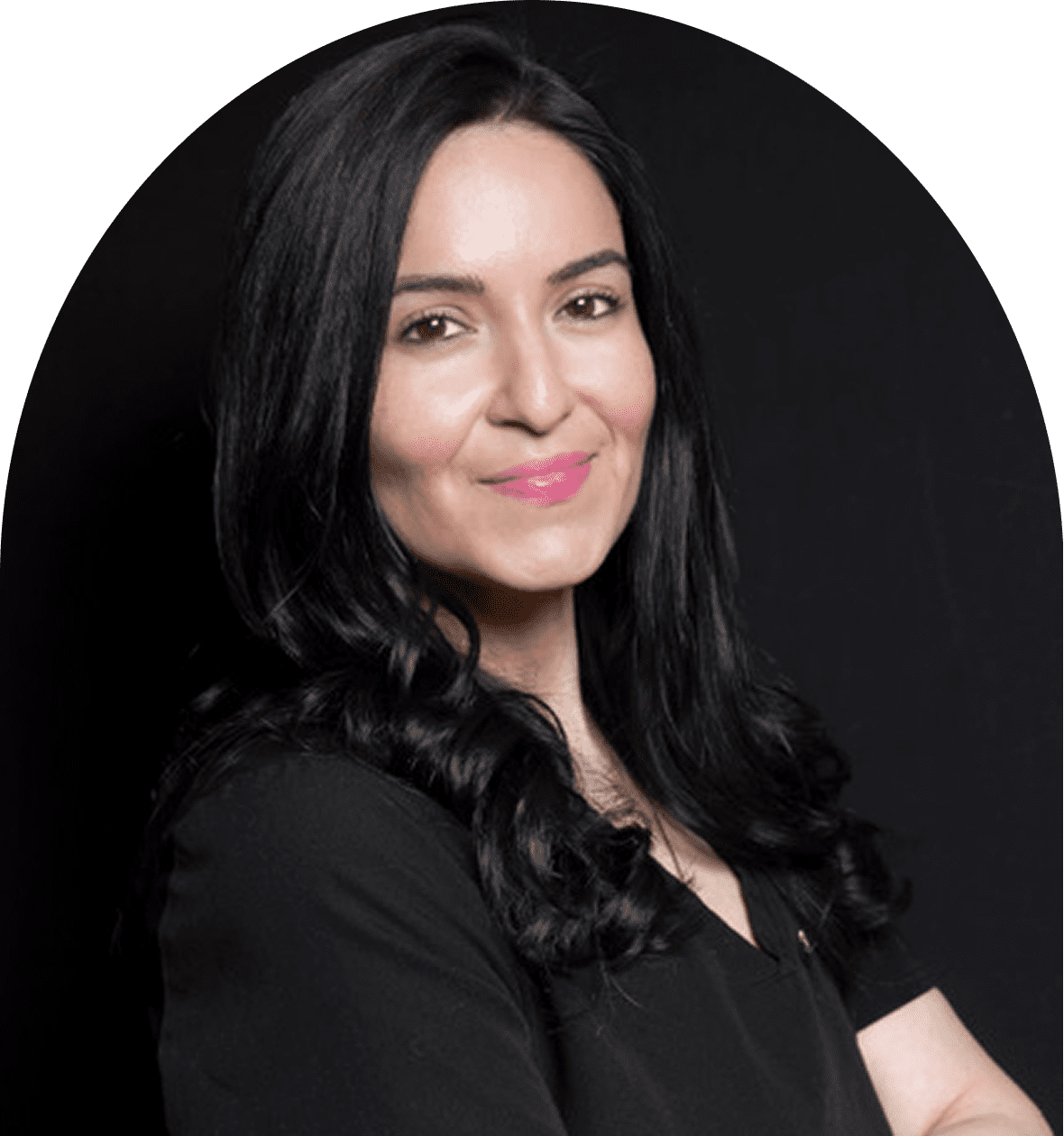 Portrait of smiling woman with long black hair