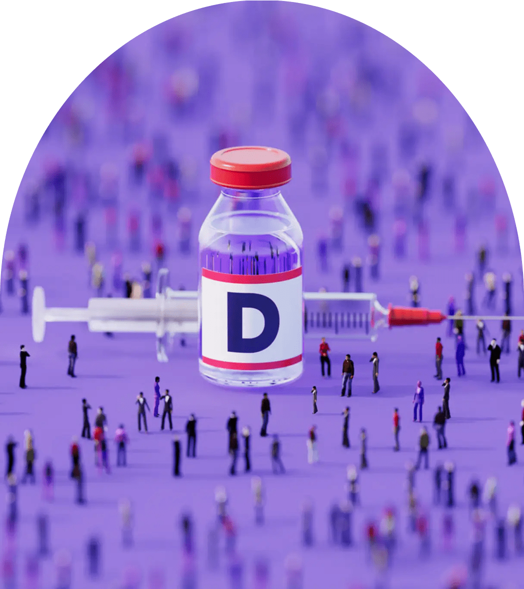Vial labeled D and syringe among crowd