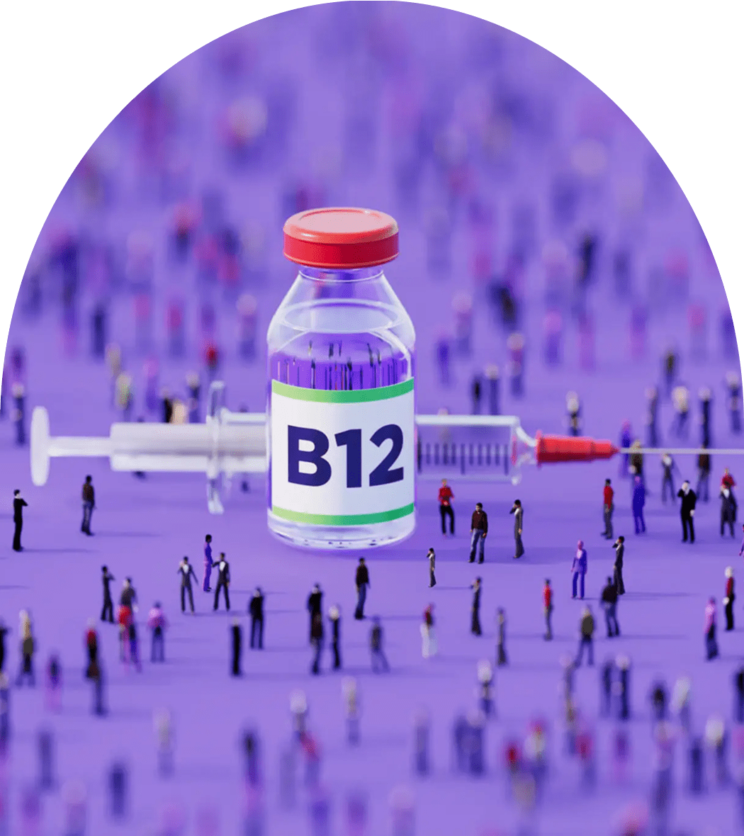 B12 injection vial and syringe with crowd