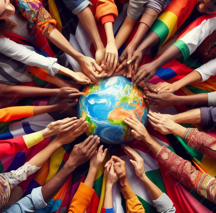Diverse hands around globe representing global unity